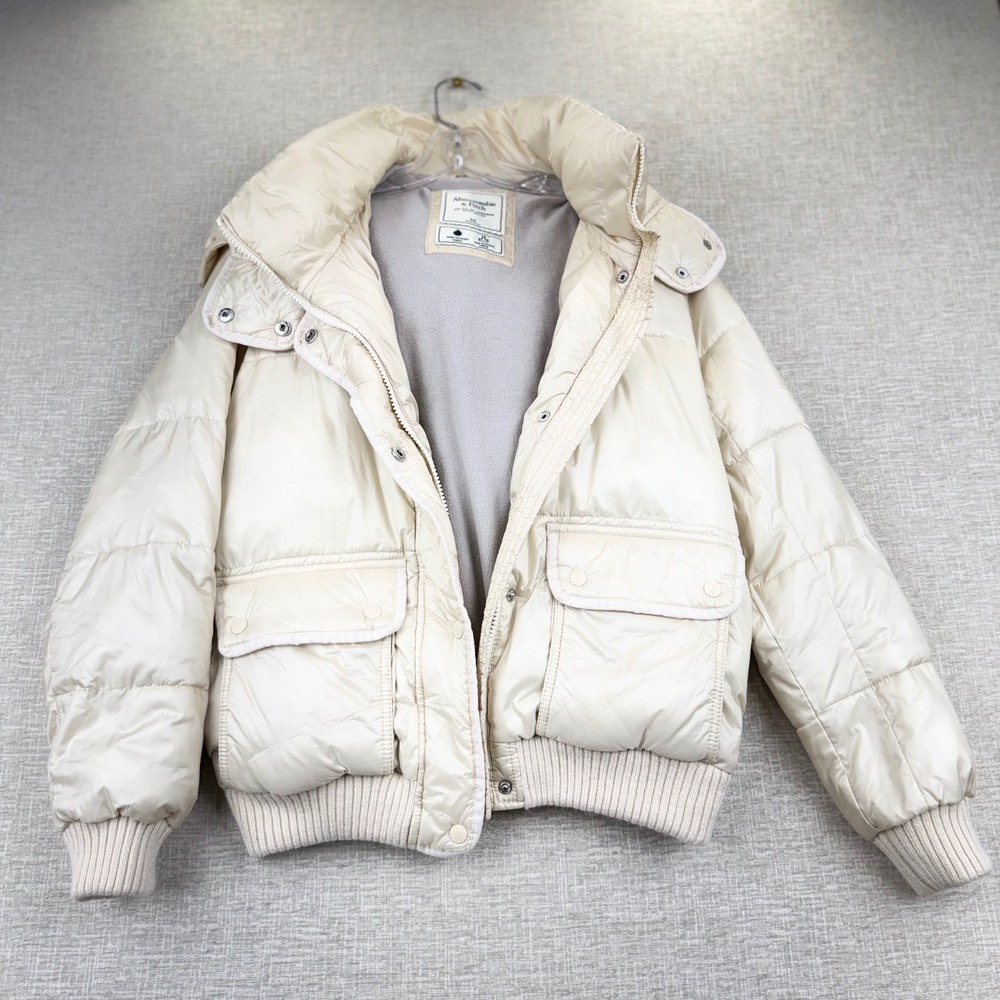 Abercrombie & Fitch Women Off White Puffer Jacket Water Resistant Fleece Lined M